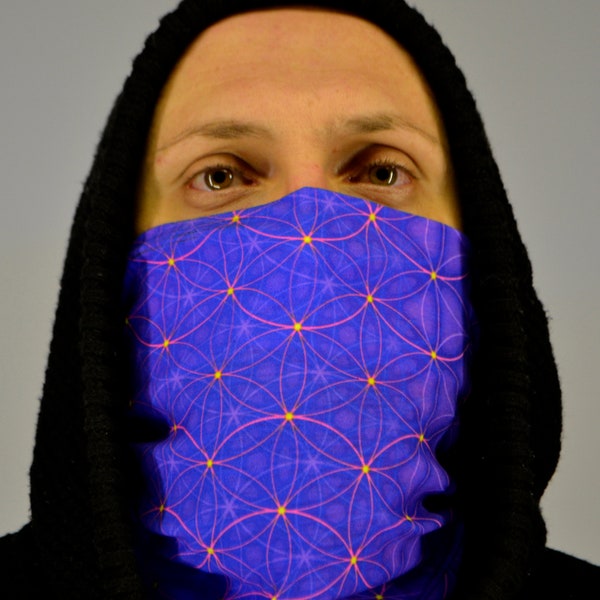 Cache-cou à géométrie sacrée Blacklight UV Purple masque facial actif Rave bandana Psychedelic snood Art bandeau écharpe sans couture Vent anti-poussière