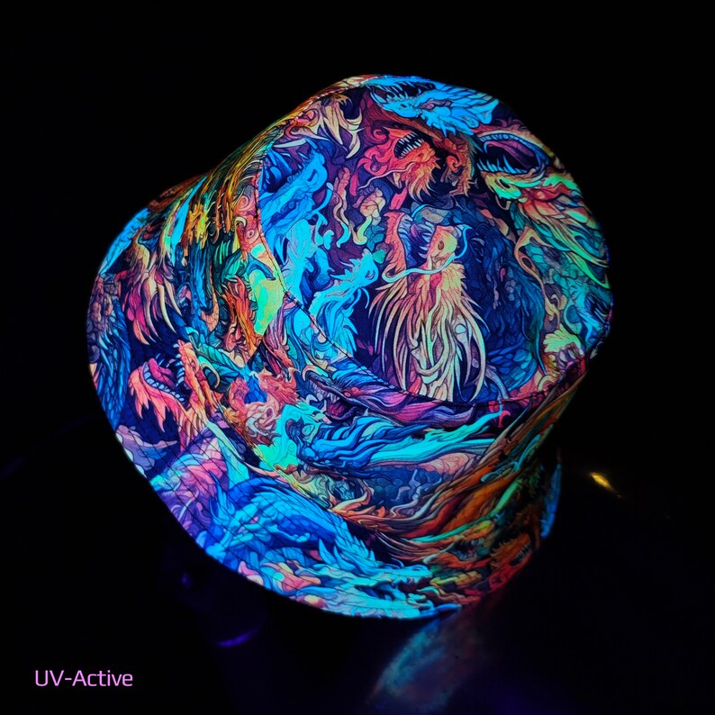 UV Active Bucket Hat : Asian Dragons - Psychedelic Panama - Blacklight ...