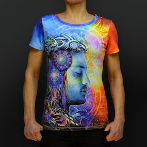 T-Shirt S, M Size Women Love mandala Blacklight UV active full print tshirt psychedelic festival party clothes acid color trance goa trippy