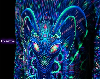 Long sleeve T-Shirt hoodie Green Mantis  blacklight UV active  psychedelic festival party clothes trance rave goa men women trippy wear