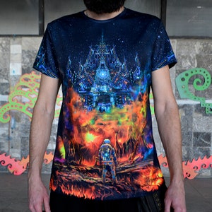 T-Shirt Size XXL Unisex - Blacklight UV active t-shirt Astronaut journey - Psychedelic festival party clothes, trance rave goa trippy wear