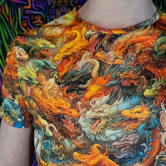 UV Active Psy T-shirt Blacklight : Asian Dragons - Full Print