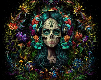 UV Active Blacklight Psy Tapestry - Backdrop : Santa Muerte