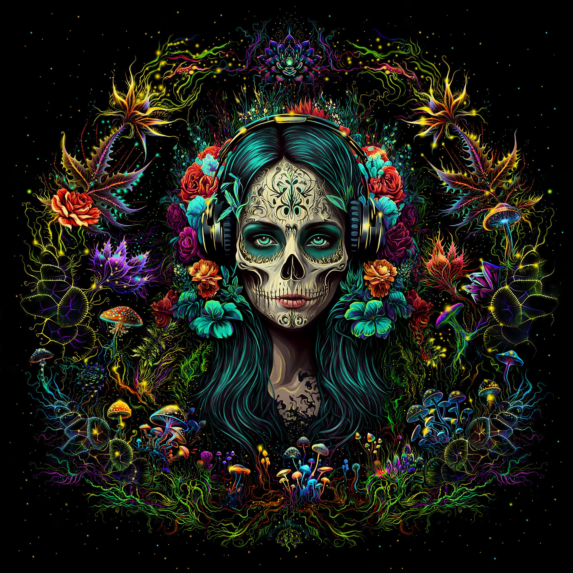 Psy Tapestry Santa Muerte Blacklight UV Active Backdrop