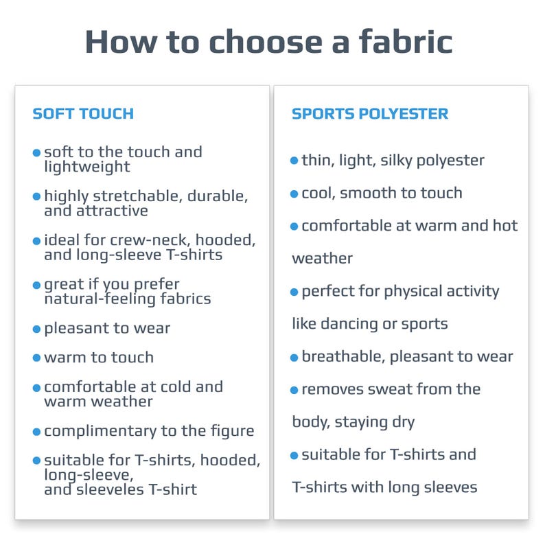 May include: An informational graphic titled "How to choose a fabric" with two columns. The left column lists characteristics of "Soft Touch" fabrics, and the right column describes "Sports Polyester" fabrics.