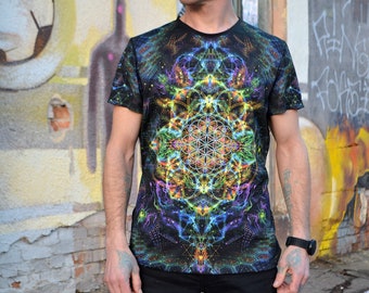 Psy T-Shirt Schwarzlicht UV aktiv Volldruck Blume des Lebens psychedelische Festival Partykleidung, Trance Rave Goa Trippy Unisex Männer Frauen