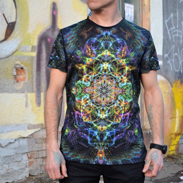 Psy T-Shirt blacklight UV active full print Flower of life psychedelic festival party clothes, trance rave goa trippy unisex men women