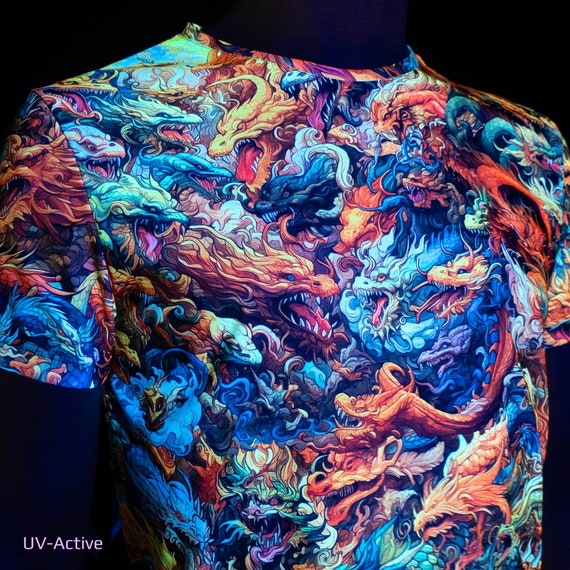 UV Blacklight Asian Dragon T-Shirt -  Festival Rave Psytrance Wear - Trippy Clothing - Rave Outfit