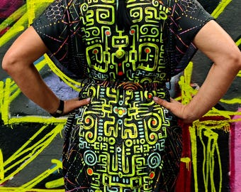 UV Active Sleeveless Kimono : Ancient Symbols  - Tunic for Rave - Festival Dress - Psychedelic Coat  - Trippy Wear - Full Print