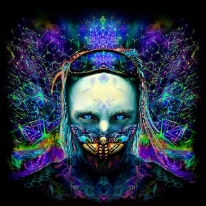 Sfondo psichedelico "Cyber Hawk Moth" arazzo psichedelico attivo con luce nera UV spazio galassia cyberpunk fantasy arazzo da parete trance party arte visiva