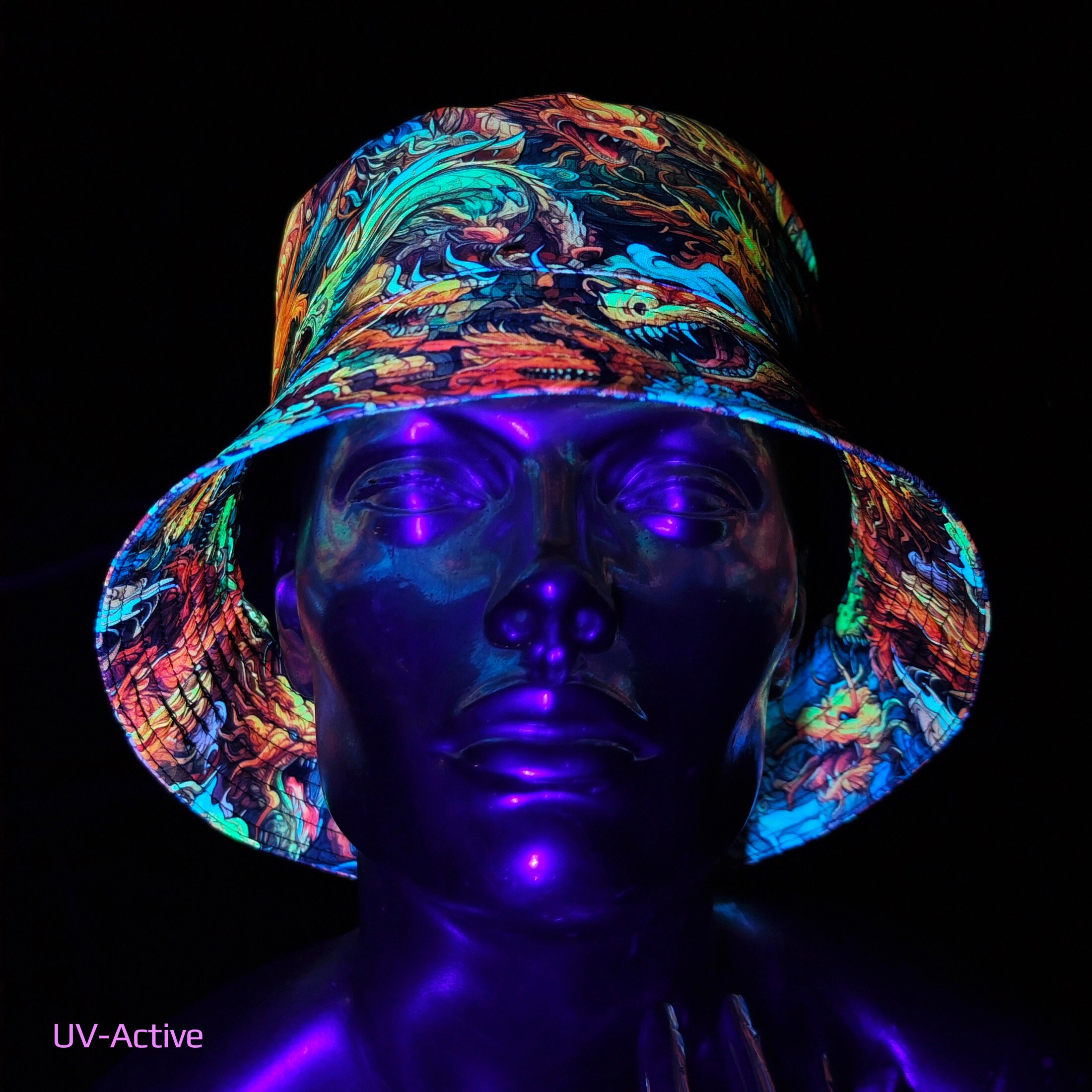 UV Active Bucket Hat : Asian Dragons - Psychedelic Panama - Blacklight ...