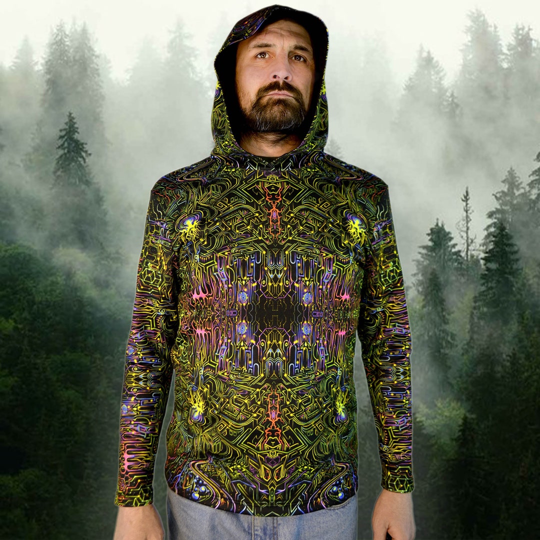 Polyester Rave Shirts Blacklight UV Active Fractal Labyrinth Long Sleeve T-shirt Hood: Sacred ...