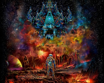 Psy backdrop "Astronaut's fiery journey" UV blacklight active fluorescent psychedelic tapestry wall hanging trance party space visual art