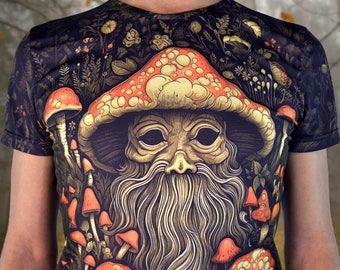 Camiseta Psy com Estampa Total e Resistente à Luz UV: Cogumelo Velho - Roupa Psicodélica para Festas e Festivais - Trance Rave - Trippy - Unissex (Masculino e Feminino)