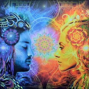 Sfondo psy romantico "L'equilibrio della verità" Zymosis UV luce nera attiva fluorescente trance tribale cyberpunk party festival decorazioni per feste