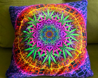 Cushion cover “Cannabis mandala”, UV blacklight active plush pillowcase, psychedelic trippy room decor, marijuana hemp weed fractal