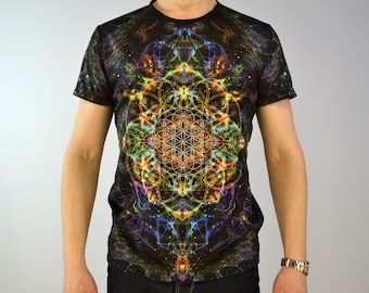 UV Active Psy T-Shirt Blacklight- Full Print : Flower of life - Psychedelic Festival Party Clothes - Trance Rave - Sacred Geometry - Unisex