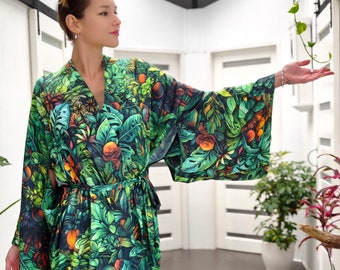 UV active kimono Jungle Blacklight reactive clothes Rave dress Festival tunic Psychedelic coat Trippy wear Forest tree spirit men women
