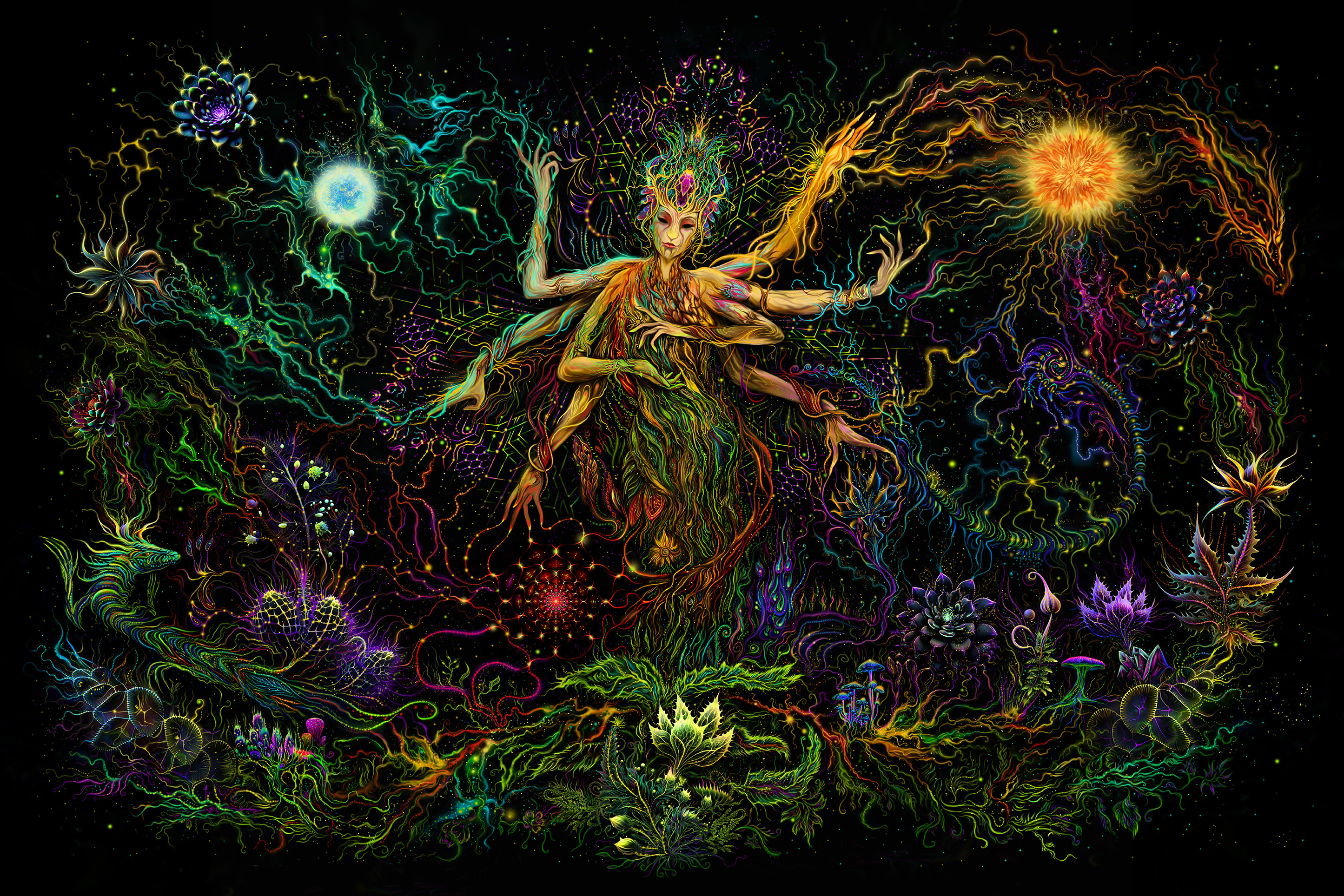 【レジンアート】モノクローム／夜光虫／蓄光／ワイドパネル 60cm × 28cm UV Psy Tapestry : Mavka Guardian of the Forest - Ukrainian