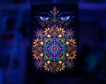 Psy achtergrond 'Ogen van Boeddha' UV blacklight fluorescerende psychedelische heilige geometrie tapijt decoratie goa trance party beeldende kunst fractal