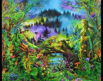 Psy backdrop "Elven Forest" UV active blacklight fluorescent psychedelic tapestry wall hanging decoration visual art digital design