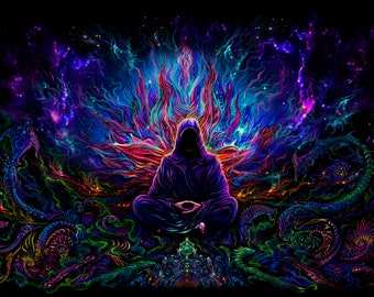 UV Active Psy Backdrop : Vipassana - Blacklight Party - Meditation Tapestry - Dark Retreat Monk Snake