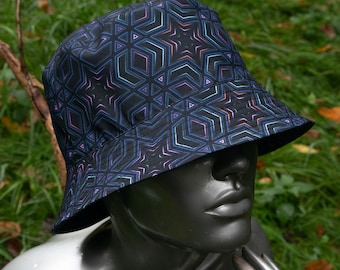 UV active bucket hat Psychedelic panama Sacred Geometry pattern Blacklight reactive Festival wear Party outfit Trippy clothing Goa trance