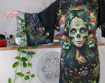 UV active kimono Santa Muerte Blacklight reactive clothes Rave dress Psychedelic coat Plus size unisex men women