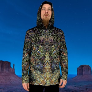 Psy T-Shirt with longsleeve & hood - Blacklight UV active hoodie  Spaceport  - Fractal sacred geometry - Festival party clothes trance rave