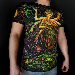 T-Shirt Size M, L Unisex Blacklight UV active tshirt Mavka - Psychedelic festival party clothes- Trance rave goa trippy wear men women