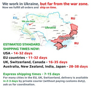 May include: A map of Ukraine with estimated shipping times for different countries. The map shows the location of Lviv, Ukraine, and highlights the war zone in the south-east of the country. The text states that the company works in Ukraine but is located far from the war zone. The text also states that the company fulfills all orders and ships on time.