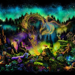 UV Active Backdrop : Dwarf meadow - Blacklight - Fantasy Psychedelic Art - Magic Forest - Psy Trance Decor