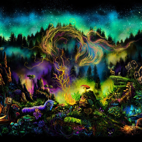 Psy backdrop "Dwarf meadow" UV active blacklight tapestry, Fantasy psychedelic art, magic forest portal, mushroom trippy room trance decor