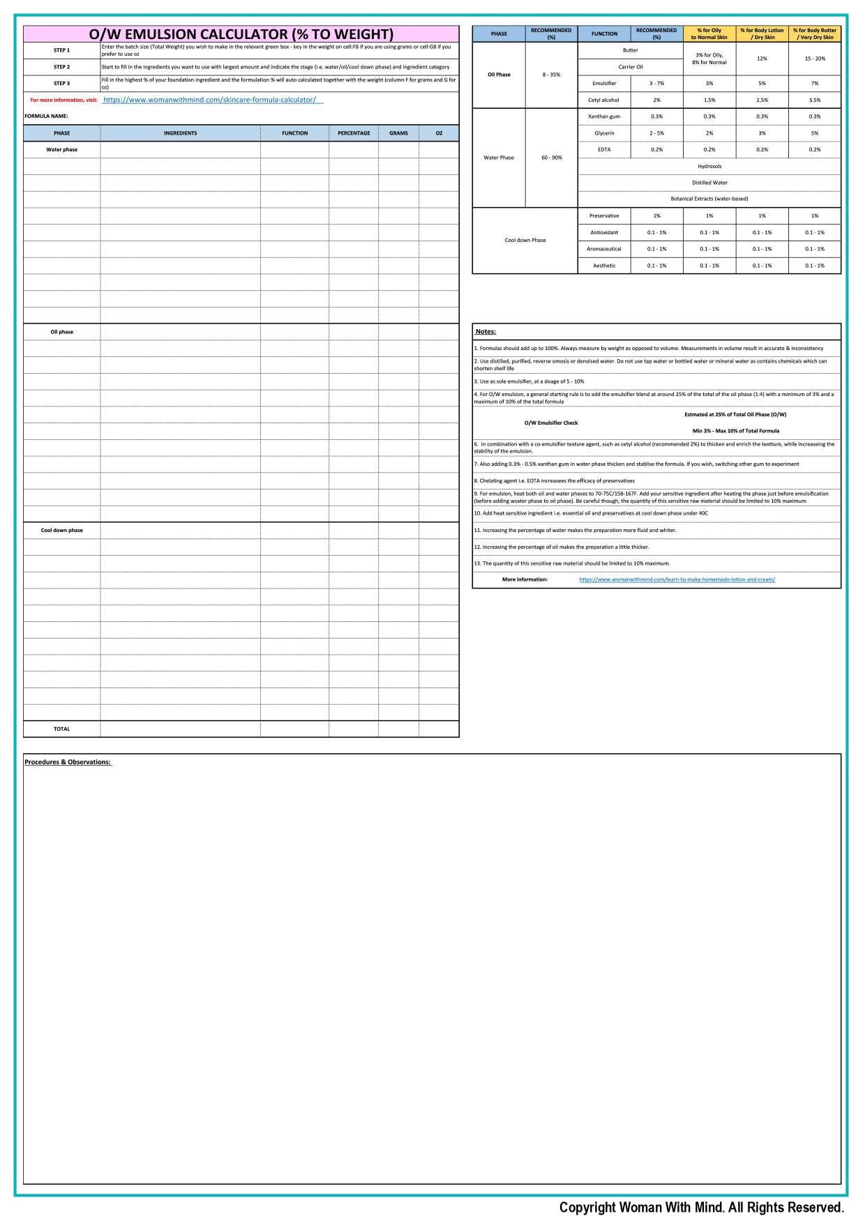 Skincare Emulsion Calculator excel & PDF Etsy