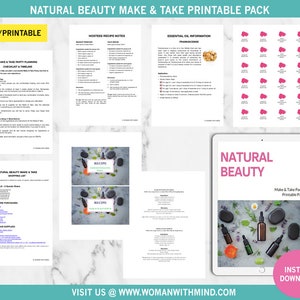 Könnte beinhalten: Ein druckbares Paket für eine natürliche Schönheits-Make-and-Take-Party. Das Paket enthält Rezepte, Informationen zu ätherischen Ölen und eine Einkaufsliste. Das Titelbild zeigt ein weißes Tablet mit dem Text "Natürliche Schönheit" und ein Foto von ätherischen Ölen und Steinen.