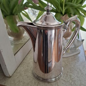 Puede incluir: Una cafetera plateada pulida con tapa y asa curva. La cafetera tiene un pico para verter y se exhibe sobre una superficie de color claro. El fondo incluye un espejo y un jarrón con flores.