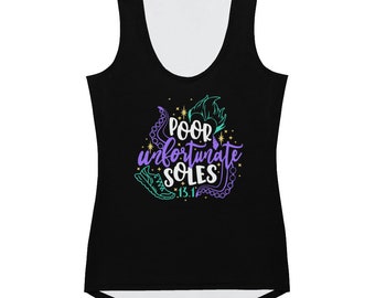 May include: Black tank top with a white racerback design. The front features a purple and green graphic with the text "Poor unfortunate soles 13.1".