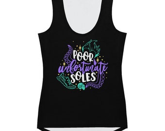 May include: Black tank top with a white racerback design. The front of the tank top features a purple and teal graphic with the text "Poor unfortunate soles" and a seahorse, seashell, and a shoe.