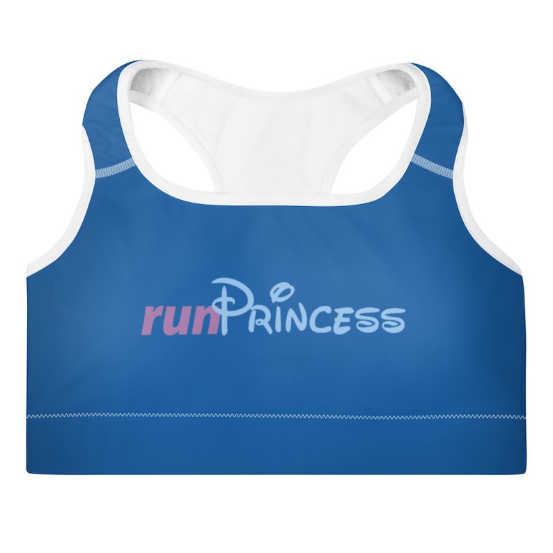 May include: A blue sports bra with a white racerback and a pink and blue graphic that says "run princess" with a Disney-style castle logo.