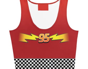 May include: Red crop top with a white interior and a black and white checkered pattern at the bottom. The front features a yellow lightning bolt design with the number 95 in orange.