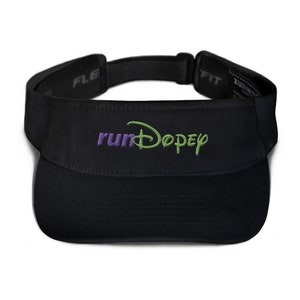 May include: Black visor with a green and purple embroidered logo that says "runDopey".
