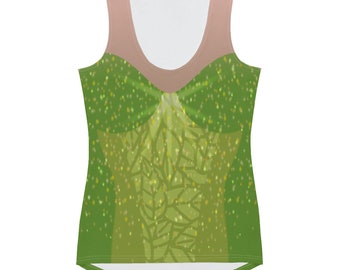 May include: A green tank top with a sparkly design featuring a leafy pattern. The tank top has a scoop neck and a racerback style.