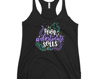 May include: Black racerback tank top with a purple and teal graphic of a running shoe, an octopus, and the text "Poor unfortunate soles 10k".