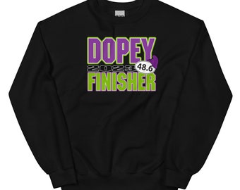 May include: Black sweatshirt with green and purple text that reads "Dopey 2023 Finisher" with a purple and white circle with the number 48.6 inside.
