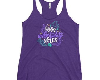 May include: Purple tank top with a graphic design that says "Poor unfortunate soles" in a purple and teal color scheme. The graphic includes a seashell, an octopus, and a shoe.