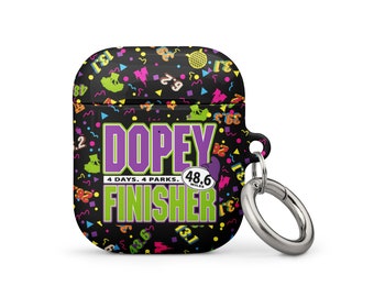 May include: Black Airpods case with a colorful pattern featuring the text "DOPEY FINISHER" and the number "48.6 miles".