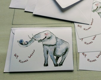 Birth card set elephant, 4 folding cards with envelope