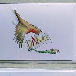 Dankeskartenset, 4 Klappkarten mit Umschlag, Vogel mit Wurm
