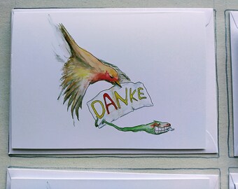 Thank you card set, 4 folding cards with envelope, bird with worm