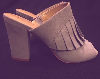 Gray Suede Block Heel Mules